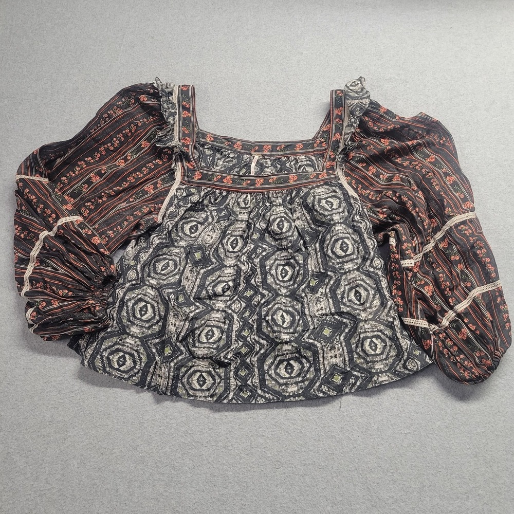 Free People Mixed Print Boho Cotton Blouse Square Neck Balloon Sleeve Small